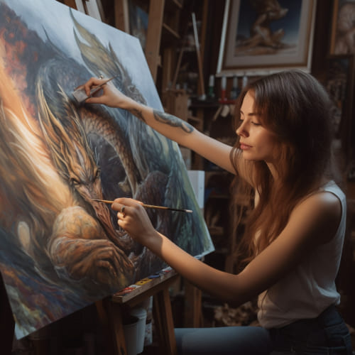 Une artiste peint un dragon