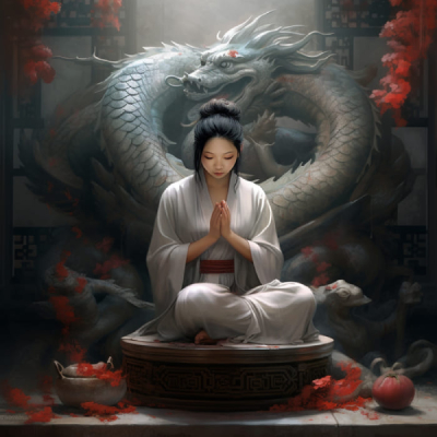 une femme fait une méditation avec un dragon