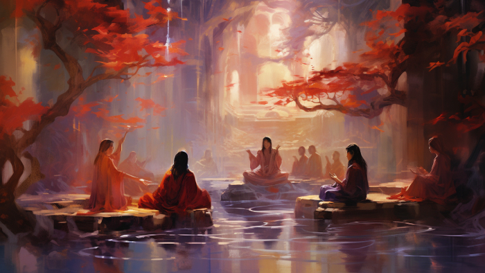 groupe de meditation dans un temple